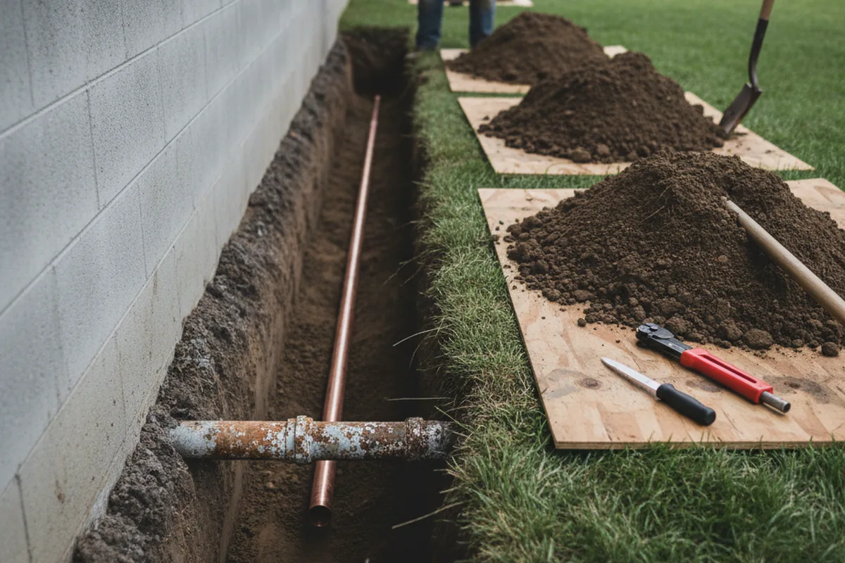 Excavated water line trench during Water Softener Installation in Middle Amana